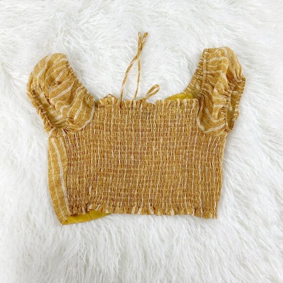 🦋 4SI3NNA Yellow Stripe Crop Top Off the Shoulder Size Small Ruched Boho Cute - Picture 7 of 7